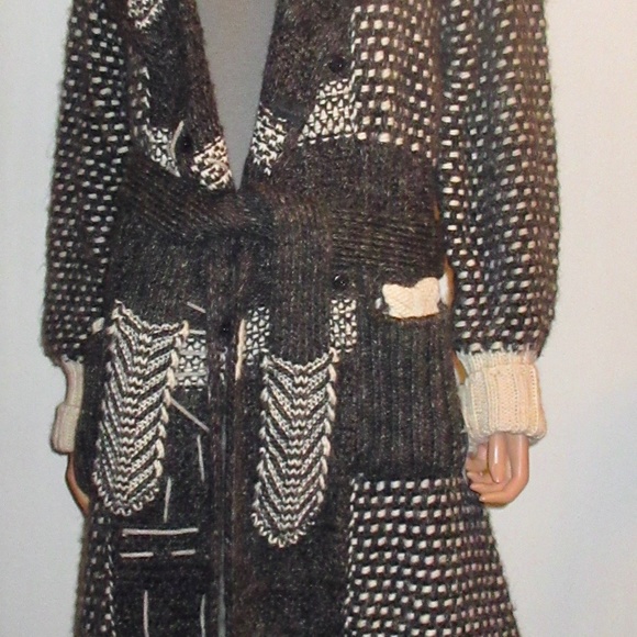 New Gray Cream Sweater Coat XL 10 12 Chunky Belted Italy - Picture 3 of 15